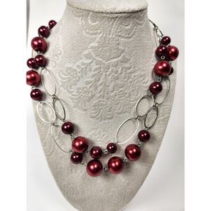 Burgundy Pearl Beaded Statement Necklace Silver Oval Links 22” Long or Short